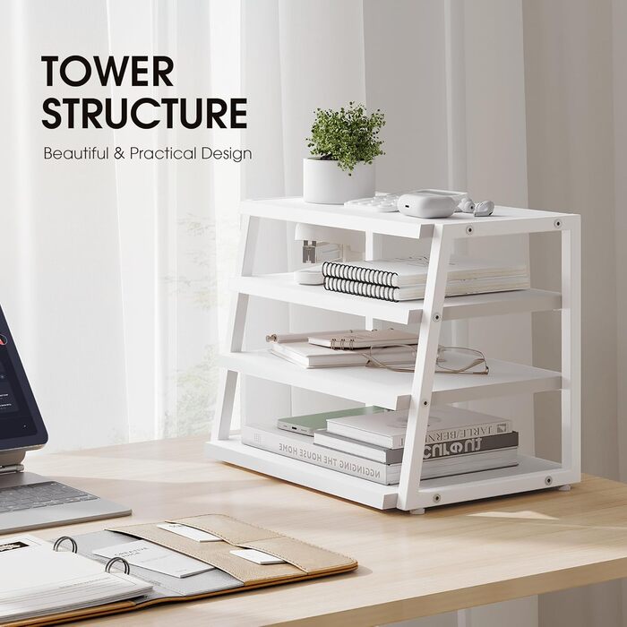 Органайзер для столу Fenge, 4-рівневий дерев&39яний тримач для документів, лоток для паперу A4, лоток для файлів, тримач для журналів, лоток для листів, органайзер для паперових журналів для офісу та дому (білий)