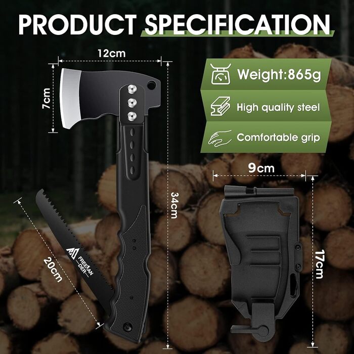 Універсальний туристичний сокира-ніж Freelander 5-в-1 з пилкою, піхвами та свистком, 34 см, для кемпінгу, походів та виживання, чорний