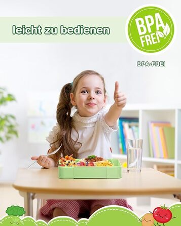 Ланчбокс Kinder Bento з роздільниками 1330 мл, герметичний контейнер для сніданку та перекусу, з 6 відділеннями, для дитячого садка, школи та дорослих, зелений