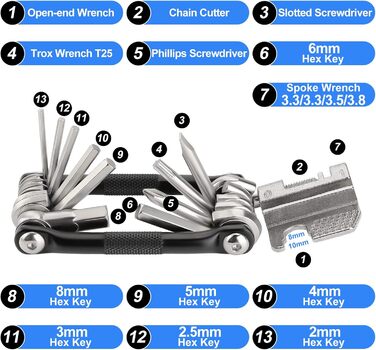 Велосипедний мультиінструмент, 17 в 1 Велосипедний інструмент Багатофункціональний інструмент Набір для ремонту велосипеда Кишеньковий інструмент для шосейних і гірських велосипедів, з розривом ланцюга, шестигранним ключем і спицею