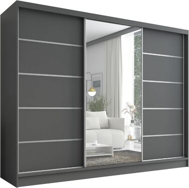 Шафа Aurelia 1 Шафа з розсувними дверима шириною 200 см з дзеркалом, 3-дверна, шафа з шухлядами, шафа з розсувними дверима для спальні або гардеробної, графіт