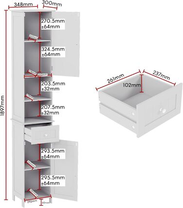 Висока шафа для ванної кімнати Vida Priano з дзеркалом, шафа для зберігання речей, висока підлогова шафа, білий колір Milano, висока біла