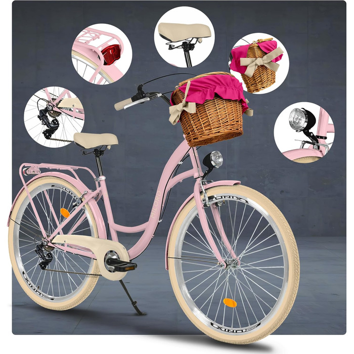 Велосипед Milord Comfort з плетеним кошиком, голландський велосипед, жіночий велосипед, міський велосипед, вінтажний, 28 дюймів, рожево-кремовий, 7 швидкостей