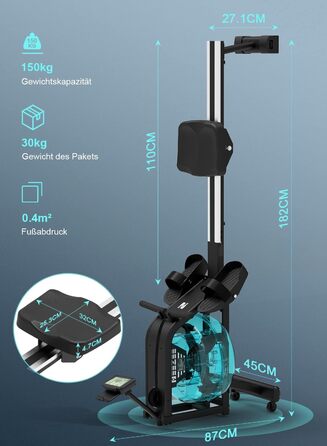 Домашній гребний тренажер Neezee, водний гребний тренажер з професійним Bluetooth-монітором та тримачем для планшета, максимальна вантажопідйомність 150 кг, вертикальне зберігання, транспортні колеса для легкого переміщення, новий монітор