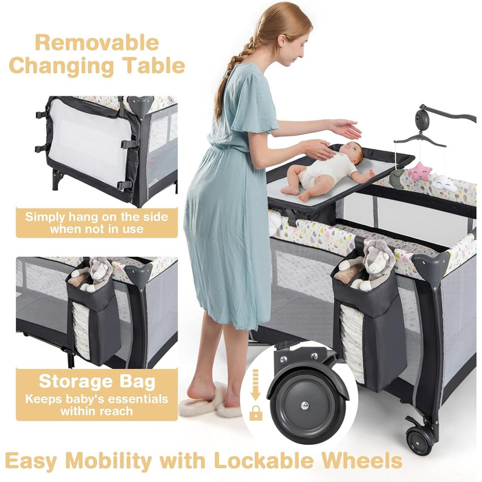 Складане дитяче ліжечко-манеж LIFEZEAL, тканина Оксфорд та ПП, багатофункціональне дитяче ліжечко з пеленальний столик для малюків 0-36 місяців, вантажопідйомність 15 кг (сірийбілий)