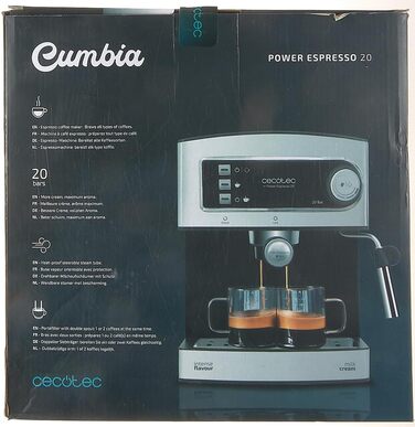 Еспресо-машина Cecotec Cumbia Power Espresso 20 Barista Aromax. Потужність 2900 Вт, 2 системи опалення, насос під тиском 20 бар, манометр, подвійний тримач фільтра на виході та 2 фільтри (базовий)