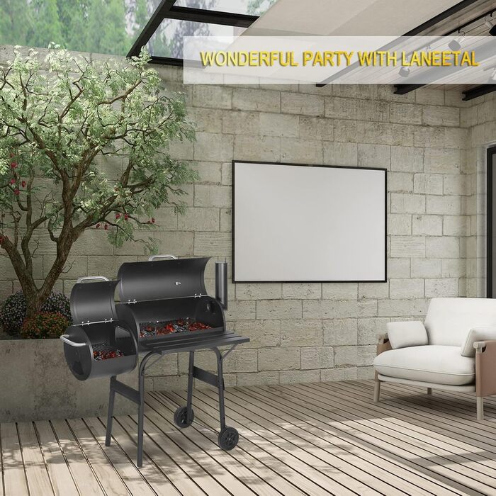 Вугільний гриль Laneetal з кришкою та візком на колесах, металевий садовий гриль з робочою поверхнею для кемпінгу та відпочинку на природі, чорний
