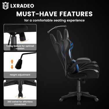 Ергономічне ігрове крісло з масажною поперековою подушкою, офісне крісло для ПК в гоночному стилі зі штучної шкіри, ігрове крісло з підлокітниками, вантажопідйомність до 159 кг, синій колір