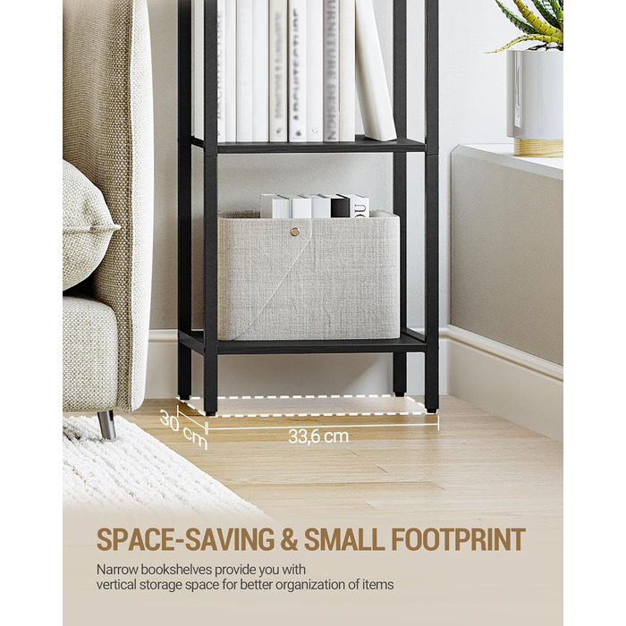 Полиця Hzuaneri, книжкова шафа, 6-ярусна полиця, полиця для DVD, вузькі полиці, офісна полиця в індустріальному стилі, металевий каркас для вітальні, спальні, кухні, чорна BC56004B 30 x 33,6 x 182,5 см чорна