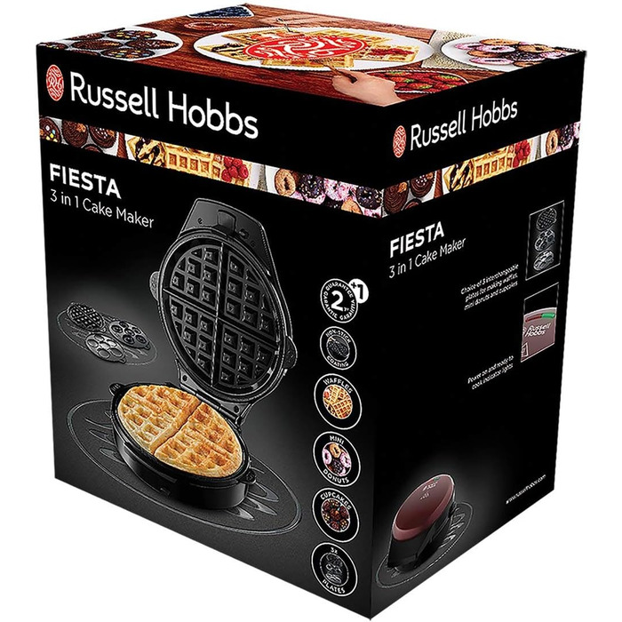 Універсальний прилад Russell Hobbs круглий 3-в-1 вафельниця, міні-кекс, міні-пончик) Fiesta Red (можна мити в посудомийній машині та пластини з антипригарним покриттям, 900 Вт) 24620-56 Вафельниця одинарна