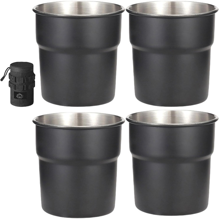 Стакани з нержавіючої сталі для подорожей та активного відпочинку, для кави, молока, як запасні, штабельовані, з кришками, для кемпінгу та походів, чорні, 4