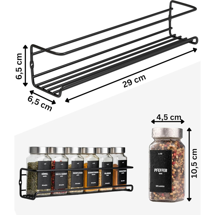 Настінна підставка для спецій Deco haus (свердління не потрібне) З 24 БАНКАМИ ДЛЯ СПЕЦІЙ ТА ЕТИКЕТКАМИ - Підвісна підставка для спецій, комплект з 4 шт. - Чорний тримач для спецій (свердління не потрібне) - Органайзер для спецій - Кришки з нержавіючої ста