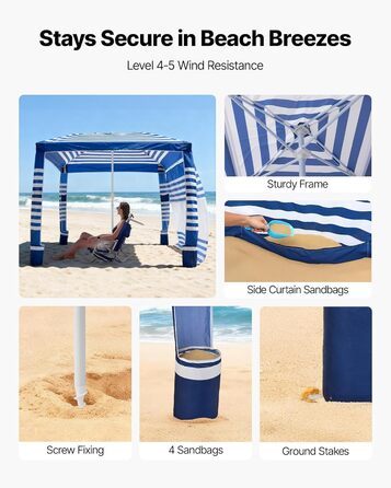 Пляжний навіс VEVOR, 2,4 x 2,4 м з бічною стінкою, сонцезахисний фактор UPF 50, кабіна з мішками з піском, регульований по висоті портативний сонцезахисний навіс для сімей, темно-сині смужки