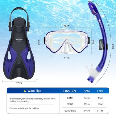 Набір для дитячого підводного плавання з ластами, панорамною маскою для дайвінгу з захистом від запотівання 180, регульованими ластами та преміальною сухою трубкою, набір для дитячого підводного плавання 3-в-1 з сумкою для перенесення L/XL (31-36) синього