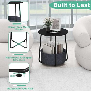 Круглий журнальний столик LIFEZEAL, сучасний столик для вітальні зі знімним кошиком для зберігання з тканини, тумбочка, маленький столик для вітальні, спальні, офісу (чорний темно-сірий)