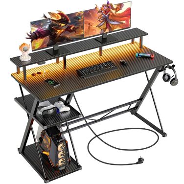 Ігровий стіл SEVEN WARRIOR зі світлодіодним освітленням та розетками, ігровий стіл з підставкою для монітора, комп&39ютерний стіл з 2 гачками, ідеально підходить для кабінету, спальні, вітальні, 100 x 47 x 87 см