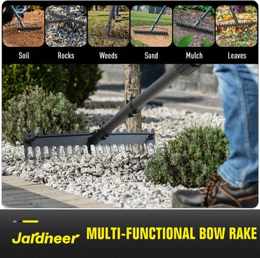 Гребінь садовий Jardineer, 150 см, металевий довгоручний граблі для щебеню, каменів, листя, вирівнювання ґрунту, ландшафтного дизайну, з 18 сталевими зубцями