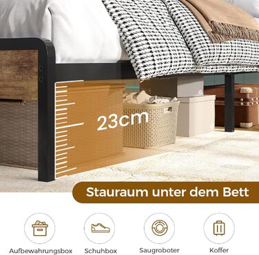 Ліжко 140x200 зі світлодіодним освітленням, каркас ліжка 140x200 з металевою рейковою основою, металеве ліжко з розеткою, дерев&39яне узголів&39я з 2 відкритими полицями, місце для зберігання речей під ліжком, спальня, вінтажний коричневий 140 x 200 см