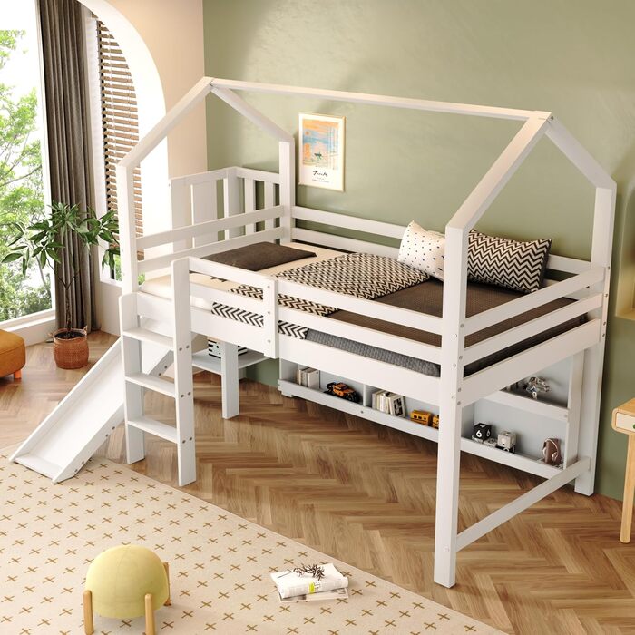 Дитяче двоярусне ліжко 90 x 200 см з гіркою, Багатофункціональне дитяче ліжко зі сходами та полицею для зберігання, Односпальне ліжко Treehouse з місцем для зберігання, Масив дерева МДФ, Білий