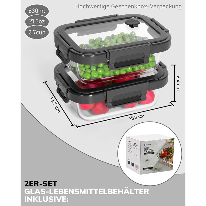 Скляні контейнери для зберігання продуктів, набір з 2 шт. , 630 мл скляні контейнери для зберігання зі скляними кришками, герметичні та герметичні, контейнери для зберігання продуктів, скляні контейнери для приготування їжі, безпечні для мікрохвильової пе