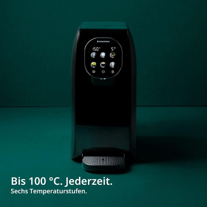 Настільна система осмосу OsmoFresh Quella Pro Black з диспенсером для гарячої води 6 рівнів температури 7-кратна фільтрація зворотного осмосу Фільтр для води для кухні, офісу, автофургону Питна вода без вапна Black Edition