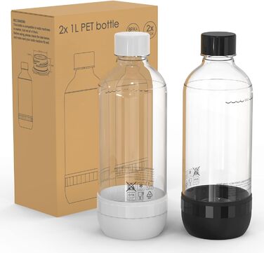 Пляшки для виробництва газованої води Mycket, 2 пляшки для карбонізації по 1 л, газовані пляшки без BPA, багаторазові пляшки для газованої води PET, змінні пляшки для машини для газованої води, чорнийбілий 2 шт.