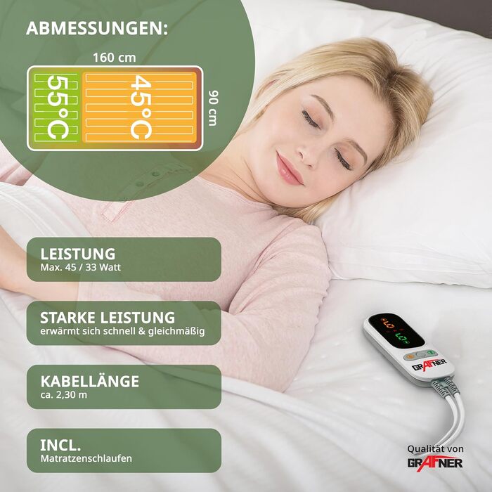 Підковдра Grafner XL з 2 зонами підігріву 190 x 90 см, 2 керовані зони для тіла та ніг, світлодіодний пульт дистанційного керування з 6 температурними режимами, захист від перегріву, автоматичне вимкнення, 78 Вт, можна прати, електрична ковдра