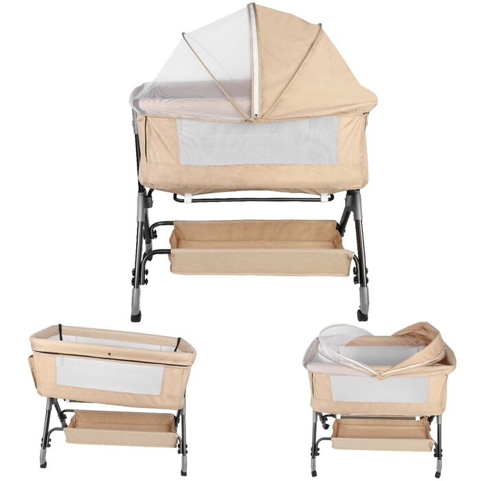 Дитяче ліжечко Kedia з москітною сіткою, дитяче ліжечко та дорожнє ліжечко з колесами, дитяче ліжечко для новонароджених, регульована висота, ліжечко в режимі сну на боці (104 x 52 x 103-115 см, бежево-білий)