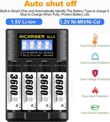 Зарядний пристрій для акумуляторів типу AA AAA, 4 слоти, швидка зарядка 5V/2A з РК-дисплеєм для літій-іонних акумуляторів типу AA AAA 1,5 V (штекер USB-C), в комплекті 4 акумуляторні батареї типу AA ємністю 3600 мВтгод із зарядним пристроєм AICARGER, 4 шт