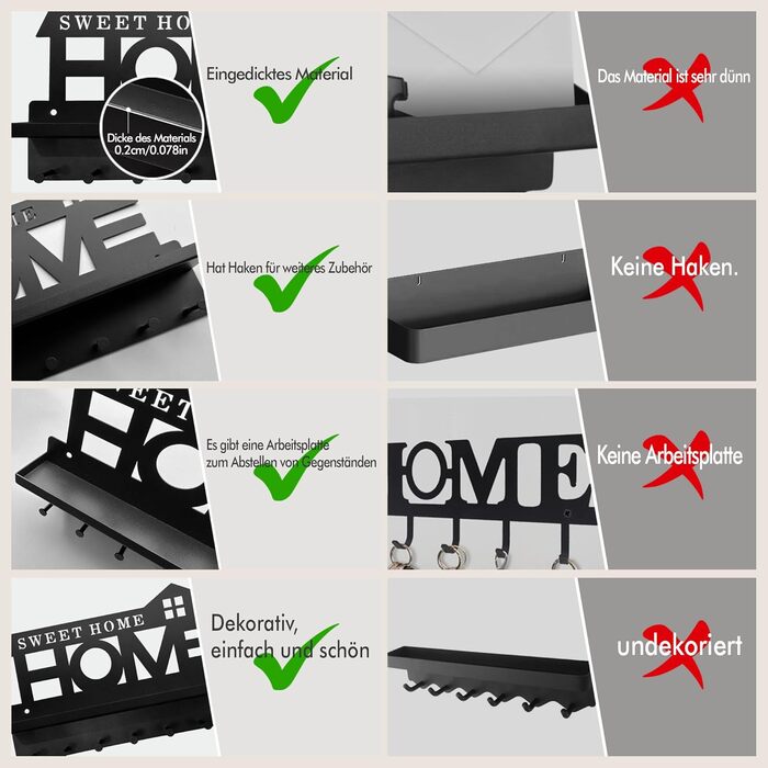 Ключниця з поличкою без свердління чорна, Ключниця сучасна, Ключниця настінна з 7 гачками для ключів і вішалкою, Ключниця для прик