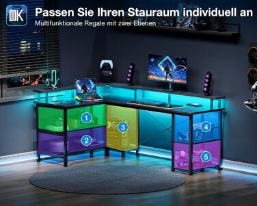 Ігровий стіл ODK зі світлодіодним освітленням, двосторонній ігровий стіл 150102 см з 2 розетками та 2 портами USB для зарядки, великий кутовий стіл із сітчастою полицею, чорний колір з вуглецевого волокна 150102 см з вуглецевого волокна, чорний колір