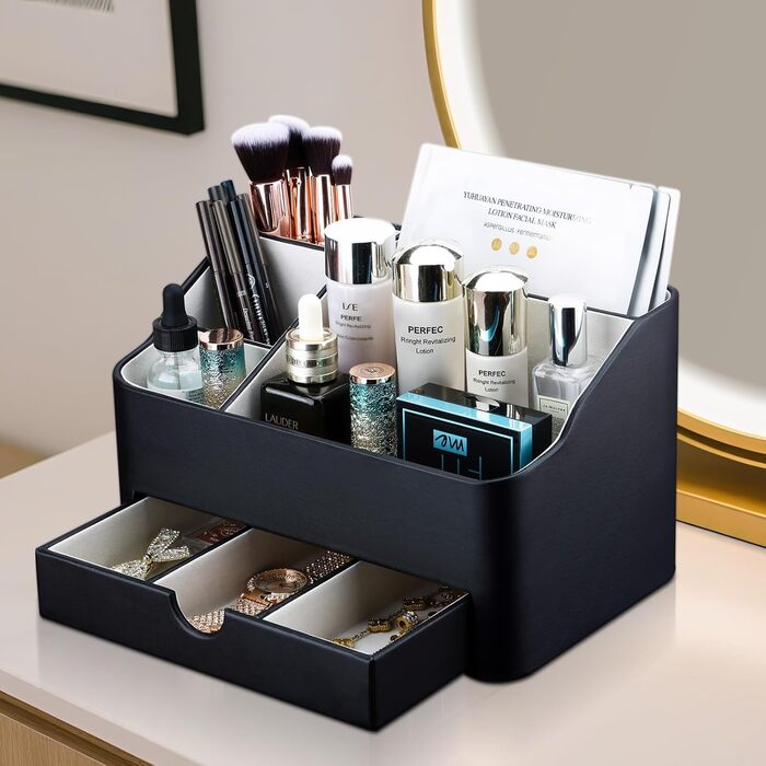 Органайзер для косметики KINGFOM, органайзер для макіяжу зі штучної шкіри з шухлядою, органайзер для догляду за шкірою для туалетного столика (чорний)