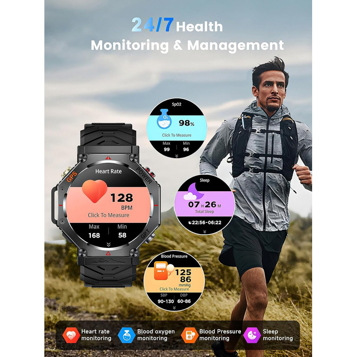 Смарт-годинник для чоловіків, військовий смарт-годинник 2026 року, спортивний годинник, фітнес-годинник 1,39 дюйма для Android та iOS, водонепроникний фітнес-трекер з функцією телефону/серцевий ритм/AI/ChatGPT/понад 100 спортивних режимів, класичний