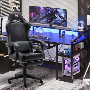 Ергономічне ігрове крісло з масажною поперековою подушкою, офісне крісло для ПК в гоночному стилі зі штучної шкіри, ігрове крісло з підлокітниками, вантажопідйомність до 159 кг, чорний колір