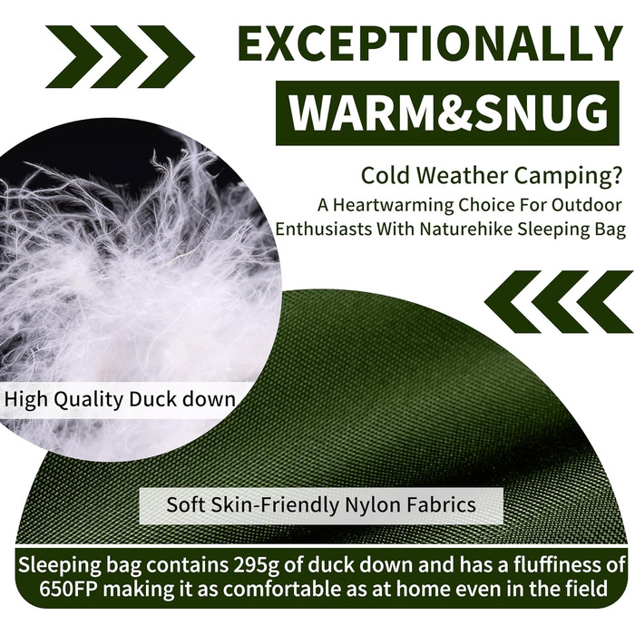 Натуральний пуховий спальний мішок Naturehike, ультралегкий, компактний портативний конверт 650 FP, зимовий спальний мішок на 3-4 сезони з невеликим розміром упаковки для кемпінгу на свіжому повітрі CW295-армійський зелений-650FP