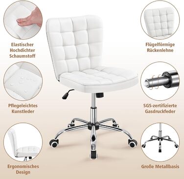 Офісне крісло Yaheetech, стілець для дому, обертове крісло, регульоване по висоті туалетне крісло, офісне крісло без підлокітників, м&39яке крісло з колесами, штучна шкіра білого кольору