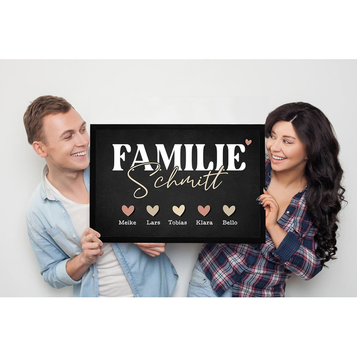 Персоналізований килимок для дверей з іменем родини та дизайном серця, аксесуар для дому, декоративний предмет, нековзний та миється, чорний, 60x40 см, дизайн сімейного серця, чорний