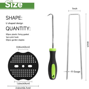 Набір ландшафтних стайней, 6-дюймові 11-каліброві 50 шт. оцинковані садові скоби та 50 шт. прокладок 1 гачок для вибору, U-подібні кілки для намету, ландшафтні тканинні штифти SOD для тканинного бар&39єру від бур&39янів, ґрунтового покриття, огорожі