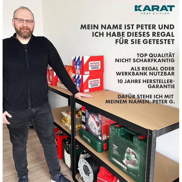 Потужний стелаж KARAT, комплект з 2 шт., 180 x 90 x 40 см, безболтовий стелаж, підвальний стелаж, стелаж для зберігання - 5 регульованих полиць (чорний) 40 x 90 x 180 см Чорний