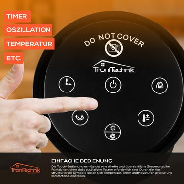 Окремостоячий обігрівач Tronitechnik вежа 1000/2000 Вт з пультом дистанційного керування, таймером, ефектом димоходу, керамічним вежевим обігрівачем, функцією коливань, TT-KH-73 - чорний