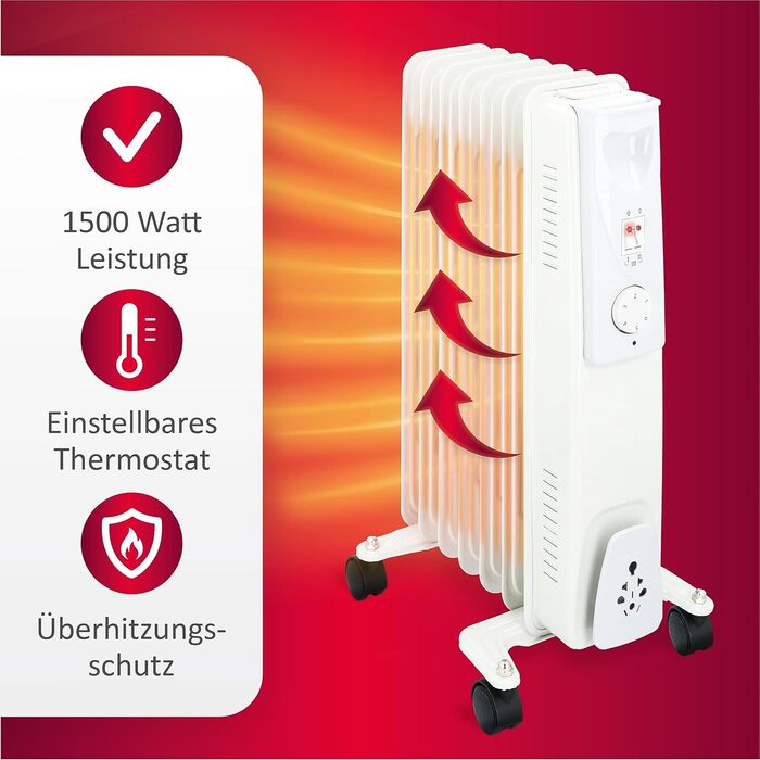 Масляний радіатор Alpina 1500 Вт Електричний обігрівач з термостатом Електричний радіатор опалення Портативний електричний радіатор на колесах Компактний електричний підставний обігрівач із захистом від перегріву Білий