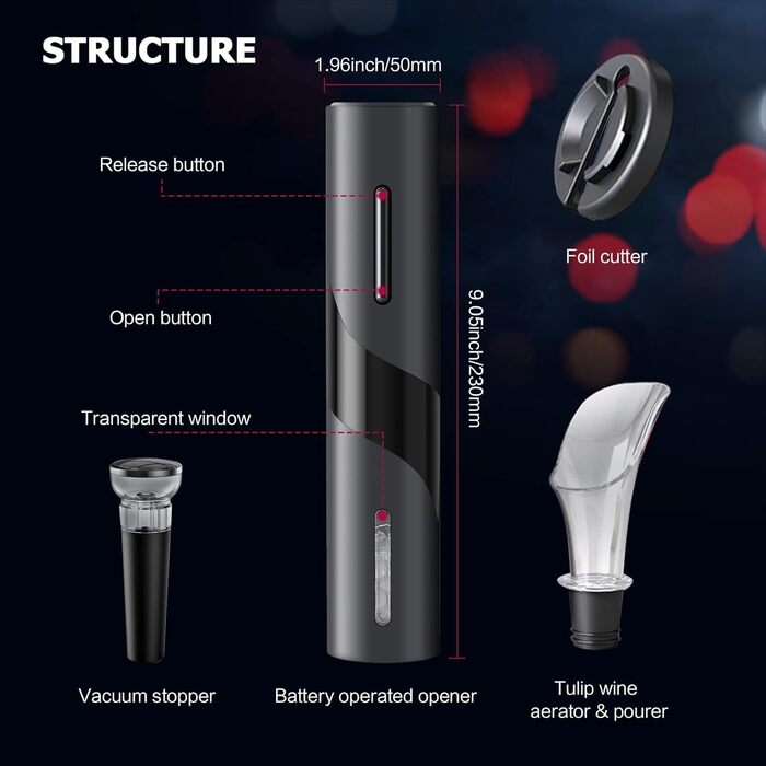 Електричний набір відкривачів для винних пляшок, акумуляторний електричний штопор, автоматичний відкривач для вина Відкривачка для пляшок з різаком для фольги, вакуумна пробка та наливник вина для сімей, вечірок (чорний) автоматичний 4-в-1 чорний