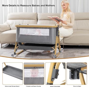 Портативне дитяче ліжко YAZOCO 3-в-1 з дихаючою сіткою та простирадлом, регульованою колискою з кошиком для зберігання (висока версія, сірий колір)