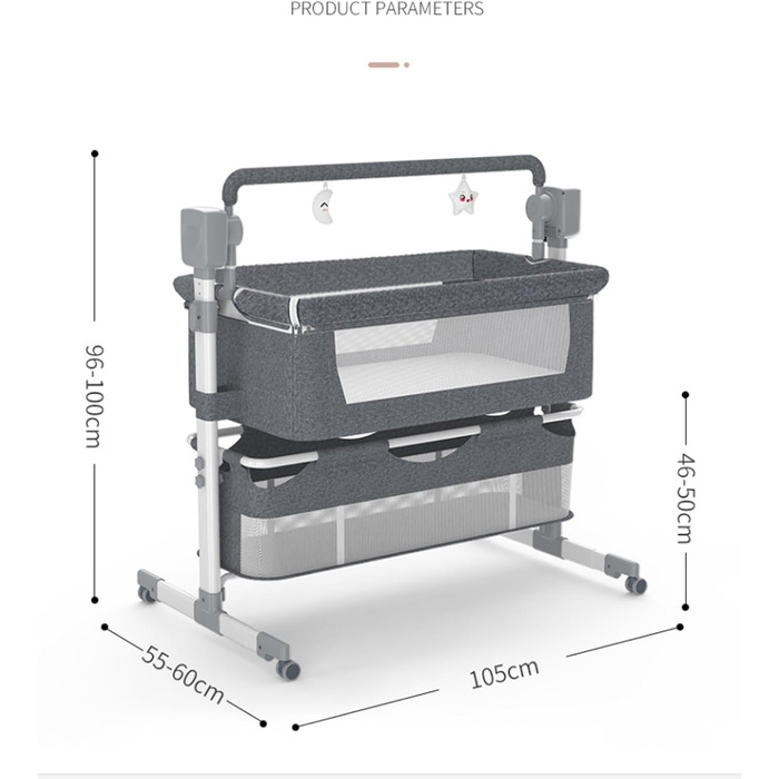 Дитяче ліжечко Nine Point Nine, розкладне дитяче ліжко-ліжечко, пружинне ліжко Baby Box з колесами, багатофункціональне, з 5 гойдалками (601 Середньо-сірий)