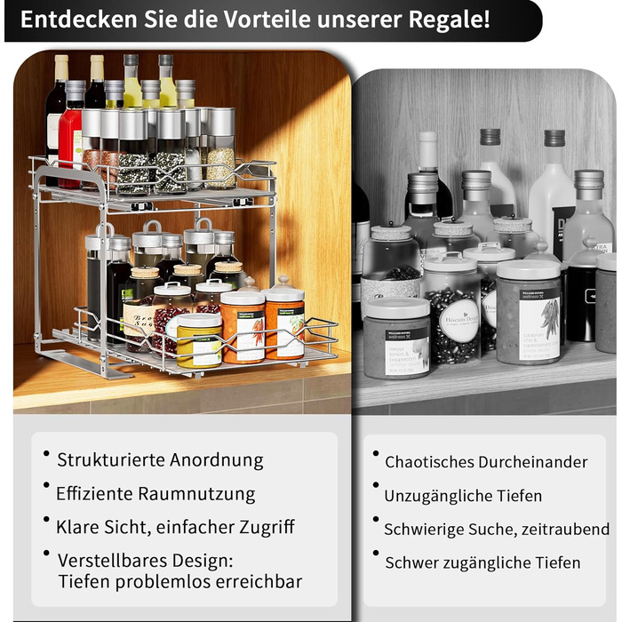 Розсувна підставка для спецій, органайзер для спецій з нержавіючої сталі, 2-рівневий кухонний органайзер з регульованою висотою, система підставок для спецій для кухонних шаф, стояча підставка для спецій для внутрішньої частини шаф, 26,4 см x 23,4 см x 23