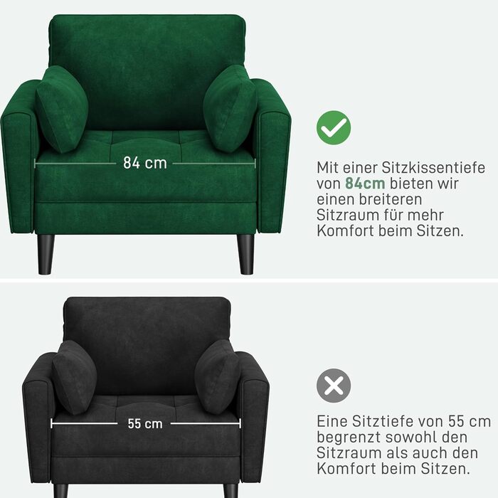 Одномісний диван Yaheetech, двомісний диван, невеликий диван з 2 подушками та підлокітниками, сучасний лляний диван-кутник, комплект диванів для вітальні, зелена оксамитова тканина