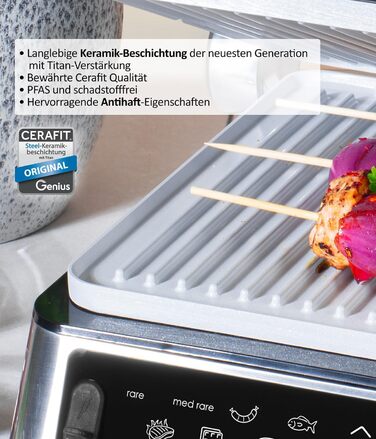 Електрогриль Genius Chef з корпусом із нержавіючої сталі для стейків та сендвічів, знімні панелі, набір 6 предметів, сірий