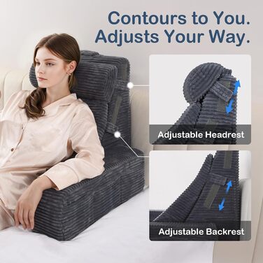 Регульована подушка для читання та спинка Vekkia - зонована піна різної щільності для цілеспрямованої підтримки, бічні кишені XL - крісло-ліжко для читання, гри, відпочинку та відпочинку