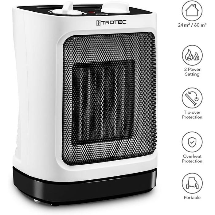Керамічний вентилятор-обігрівач TROTEC TFC 17 E Теплова потужність 1200 Вт / 2000 Вт Електричний обігрівач з термостатом, розмір приміщення від 24 м до 60 м, функція коливання 60 1200 Вт / 2000 Вт - функція коливання