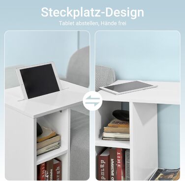 С-подібний приставний столик до дивана з 2 полицями для зберігання та тримачем для планшета, сучасний журнальний столик на колесах для вітальні, білий FBT48-W